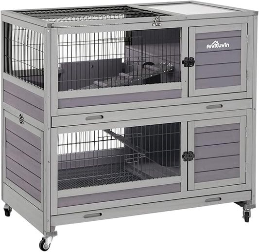 Aivituvin Rabbit Hutch Rabbit Cage Outdoor & Indoor on Wheels Bunny cage with Deep No Leak Pull Out Tray,Upgrade Version (Gray)-PawvioPets