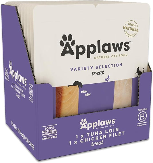 Applaws Natural Cat Treats, Grain-Free, High-Protein Whole Chicken & Tuna Loins, Single-Ingredient Healthy Snack for Cats (12 x 1.06 oz Loins)-PawvioPets