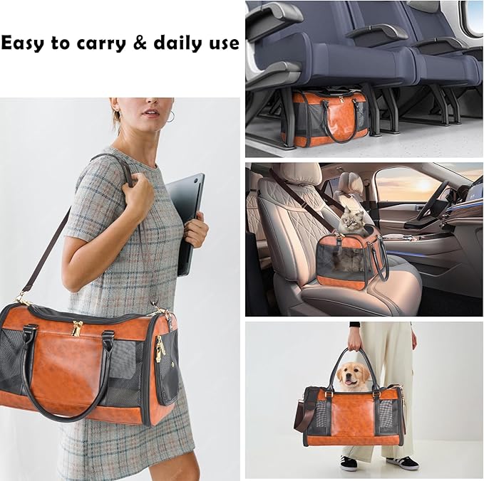Dog Soft-Sided Carriers Pet Carrier for Small Dogs Cats, Fashion PU Leather Small Dog Carrier Pet Purse, Airline Approved Travel Pet Carrier for Puppy Kitten Small Animals-PawvioPets