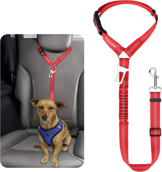 BWOGUE Pet Dog Cat Seat Belt Reflective Car Dog Headrest Restraint Leash Elastic Buffer Bungee Adjustable Tangle-Free Safety Leads Vehicle Seatbelt Harness for Small, Medium and Large Dogs (1 Pack)-PawvioPets