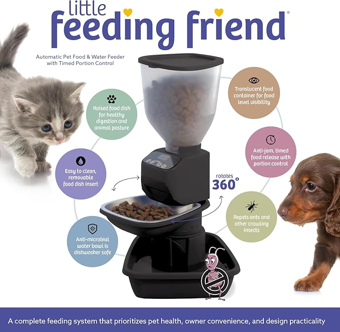 Automatic Dog & Cat Food Feeder with Water Dispenser – Smart Pet Feeder with Portion Control, OLED Display, Anti Jam Design, Battery Operated Dispenser for Small Pets - Black-PawvioPets