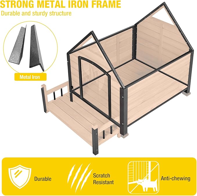 AIVITUVIN Dog House Outdoor Anti-Bite Metal Frame Design Wooden Dog Kennel Outside with Elevated Floor Weatherproof (Brown, 45" D x 32.9" W x 32.6" H)-PawvioPets