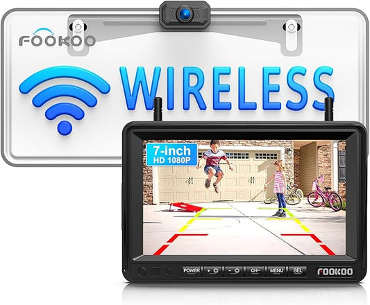 Fookoo HD 1080P 7-inch Wireless Backup Camera, 7" Split Screen Monitor + Rear View Licence Plate Camera, DIY Guide Lines Wide Angle IP69 Waterproof Easy to Install for Car Pickup Van SUV - DW7CT-PawvioPets