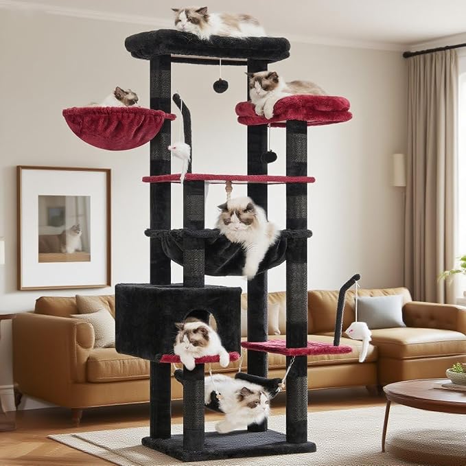 Gothic Cat Tree, Cat Tower for Large Cats with 2 Big Platforms, 2 Baskets, condo and Toys, 63" Cat Scratching Posts for Indoor Cats, Black and red GCT020BR-PawvioPets