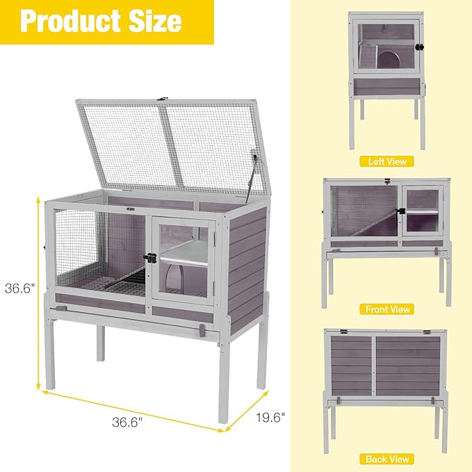 Aivituvin Rabbit Hutch with Stand Wooden Bunny Cage Indoor 2 Story Guinea Pig House with Anti Chew Ramp, No Leak Tray, Hideout, Wire Mesh (Gray)-PawvioPets