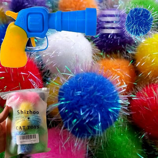30 Pieces Sparkle Pom Pom Balls with Ball Bloster for Cat - Interactive Glitter Balls, Multicolor, Size of 1.2 inches, Best as Kitten Play Toys-PawvioPets