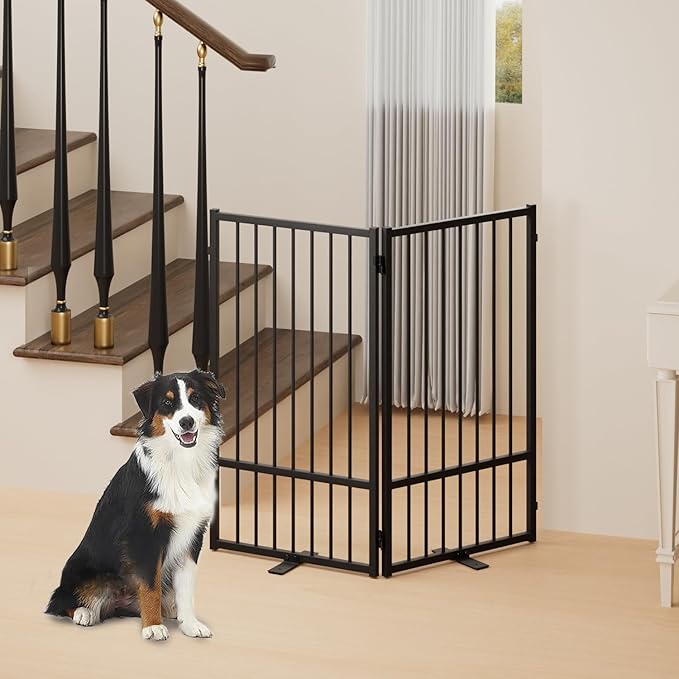 Full Metal Freestanding Dog Gate with Door, 36''Height Foldable Pet Dog Fence for Indoor & Outdoor, 2 Panels Extra Wide Free Standing TallDog Gates for Doorways,House,Stairs,Porch,Deck,Yard-PawvioPets