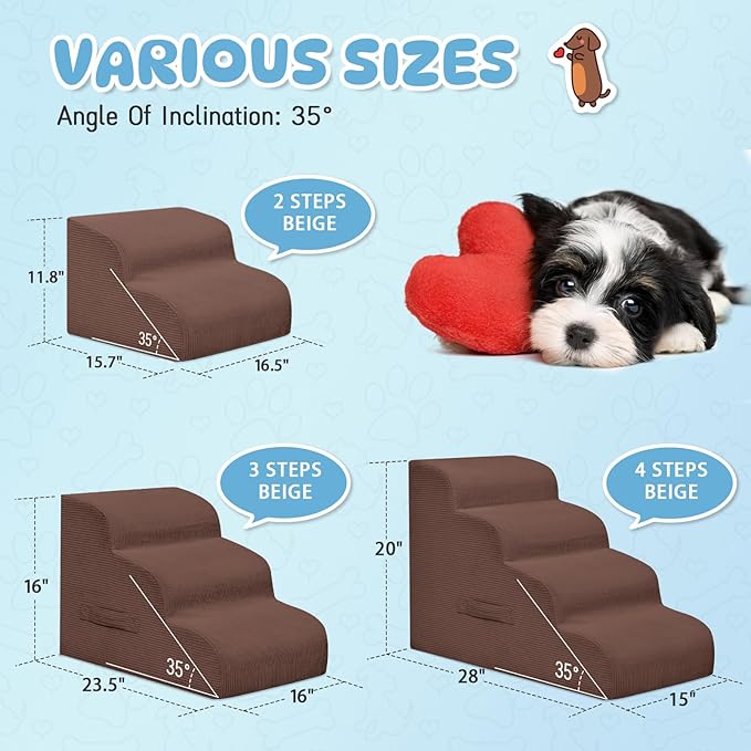 Dog Stairs & Steps for High Beds, 2 Steps High Density Foam Waterproof Dog Ramp for Small Dogs and Cats, Pet Stairs with Washable Cover for Bed, Couch, Sofa and Car, Coffee (H: 11.8")-PawvioPets