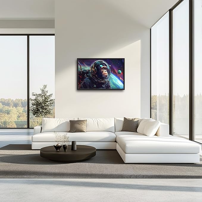 Framed Large Monkey Astronaut Wall Art, Oversized Chimpanzee Spacemen Wall Decor for Living Room, Outer Space Canvas Painting Pictures Modern Artwork for Living Room Bedroom Office 36"x24"-PawvioPets