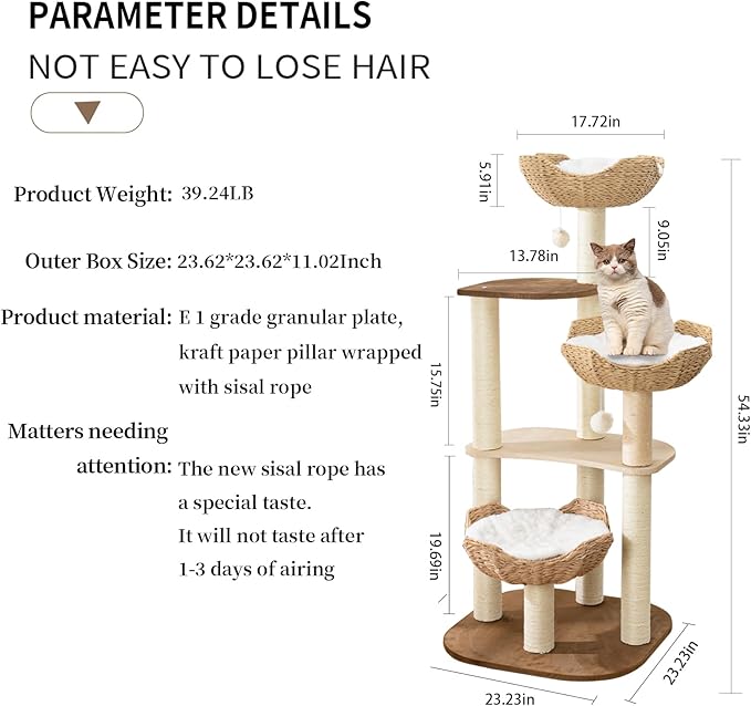 Big Modern Design Cat Tree Tower with White Cloud Mat, Unique Cat Supplies Tower with Scratching Post, Cute Wood Cat Tree Cat Furniture Activity Centre for Indoor Big Cats-PawvioPets
