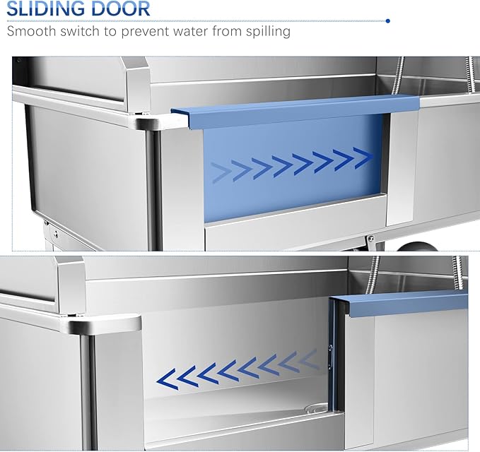 Dog Bath Tub 34'' Small Dogs, Pet Grooming Bahtub Home Washing Station for Small Pets Stainless Steel with Sliding Doors, Left Steps-PawvioPets