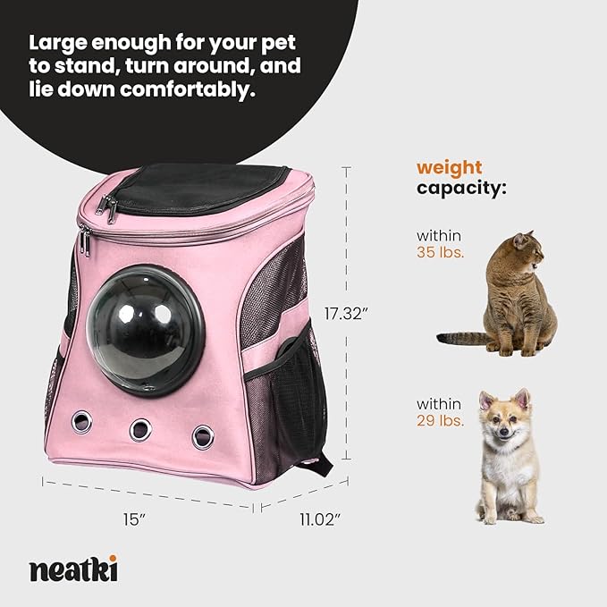 Cat Backpack Carrier, Airline Approved, Space Capsule Bubble Design, Ideal for Cats & Dogs up to 28-35 lbs, with Strong Straps, Safety Zippers, Mesh, Comfortable for Hiking & Travel (Pink)-PawvioPets