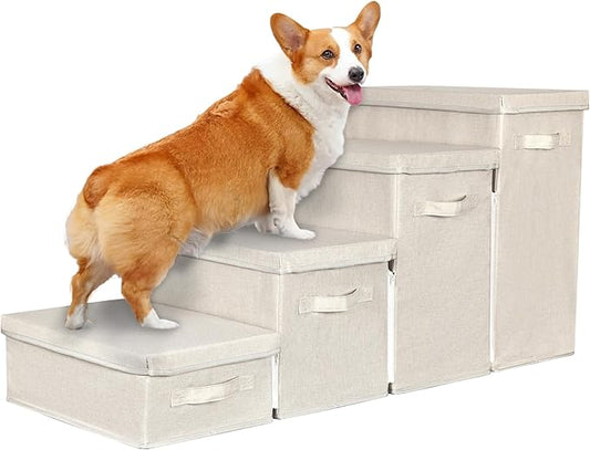 Dog Stairs with Storage, 4-Step Folding Pet Steps for Small Dogs and Cats, Pet Steps Storage with Zip, Pet Stairs for High Bed, Couch and Car Ramp (Beige, 4 Steps no Condo)-PawvioPets