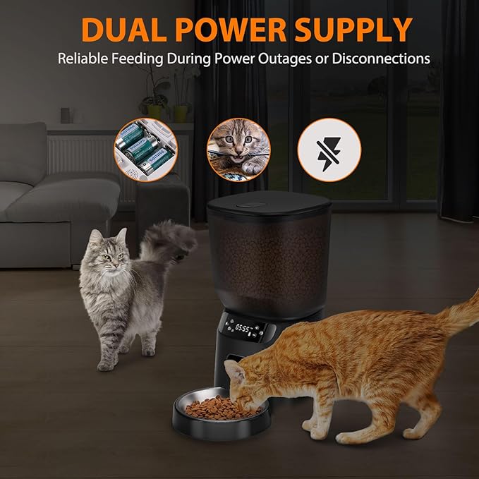 Automatic Cat Feeder, Cat Food Dispenser with Stainless Steel Bowl, Timed Portion Control 20 Portions 6 Meals Per Day, Voice Recorder, Dual Power Supply for Small Dogs (Black)-PawvioPets