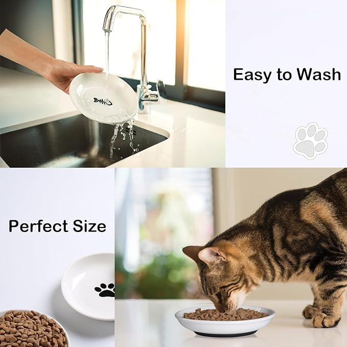Cat Food Bowl,Healthy Ceramic Cat Bowls for Indoor Cats,Anti Whisker Fatigue Cats Dishes Set,Shallow Wide Kitten Plates for Food and Water,Non-Slip Silicone Bottom,3 Pack-PawvioPets