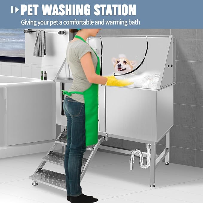 50" Dog Bathing Station, Professional Dog Washing Station Stainless Steel Dog Grooming Tub for Home,Equipped with Three Anti-Slip Steps, Removable Door, Pet Wash Station for Pet (50" Left ramp)-PawvioPets