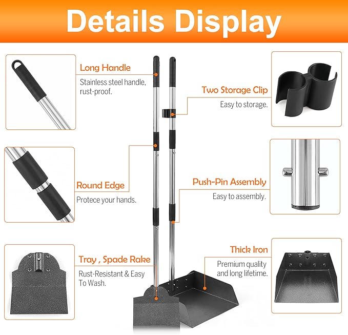 Dog Pooper Scooper for Large Dogs, Metal Aluminum Tray and Spade Poop Scoop Set with Adjustable Stainless Steel Long Handle, Pet Waste Removal Heavy Duty Poop Scooper-PawvioPets