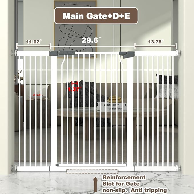 41" Extra Tall Cat Gate for Doorway, 54.8-57.4'' Metal Pet Baby Safe Gate, Extra Wide Pressure Mounted Child Door with Expansion Kit, No Drilling Cat Fence Indoor, No Climb Baby Proof Gate, White-PawvioPets