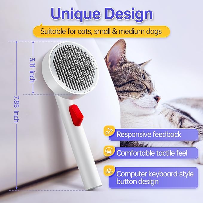 Cat Brush for Shedding with One-Click Button, Pet Comb for Indoor Cats, Suitable for Long or Short Haired Cats, Small and Medium Dogs, Grooming for Puppy Kitten Massage Removes Loose Fur-PawvioPets