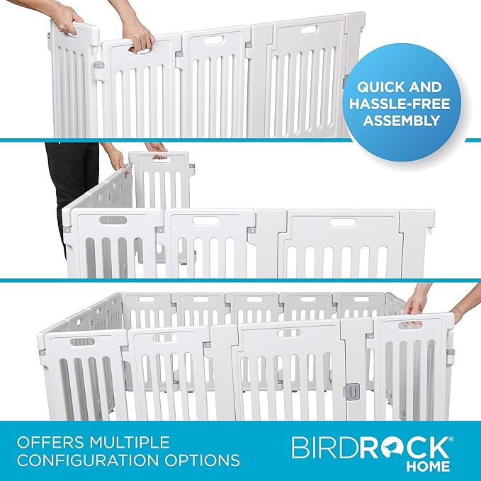 BIRDROCK HOME Dog Playpen w/Door, 16 Panel, 25.6in H | Strong Plastic, Non-Slip Puppy Playpen, Secure Pet Gate | Indoor Outdoor Fence | Configurable Panels | Medium to Large Pets - White-PawvioPets
