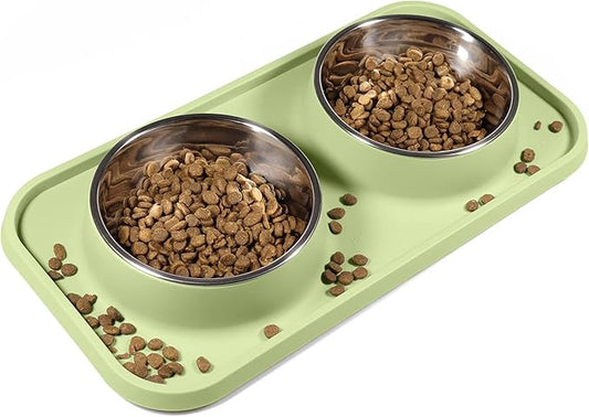 Cat Food Bowls, Cat Bowls Non-Skid and Non-Spill Silicone Pads with PP Stand, Removable Stainless Steel Food and Water Dishes for Cats, Small Size Dogs-PawvioPets
