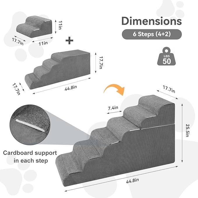 ABORON 𝟲 𝗦𝘁𝗲𝗽𝘀 Dog Steps for High Bed, 26 Inch High Dog Stairs for Small Dogs, Waterproof Pet Stairs for Small Old Large Dogs and Cats with Removable Cover & PE Support Board for Bed/Car/Couch-PawvioPets