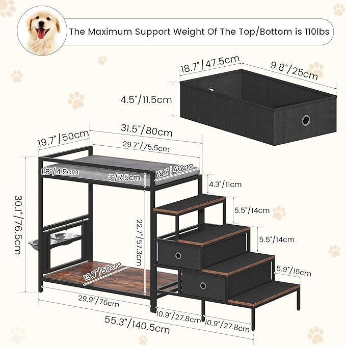 Dog Window Perch with 360° & Adjustable Raised Feeder, Pet Bunk Bed with Removable Stair and 2 Drawers, Elevated Platform Bed, Pet Elevated Seat with Cushion, Paw-Friendly Ladder-PawvioPets