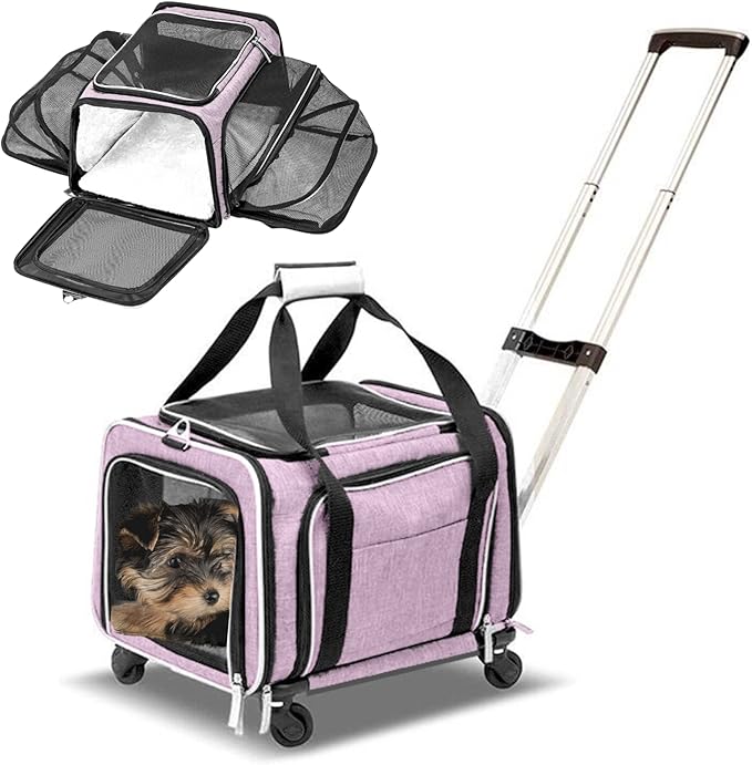 Airline Approved Expandable Premium Pet Carrier on Wheels- Two Sided Rolling Carrier- Designed for Dogs & Cats- Extra Spacious Soft Lined Carrier! - Pink (RL-PET-CARRIER-WHEELS)-PawvioPets