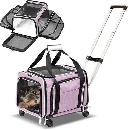 Airline Approved Expandable Premium Pet Carrier on Wheels- Two Sided Rolling Carrier- Designed for Dogs & Cats- Extra Spacious Soft Lined Carrier! - Pink (RL-PET-CARRIER-WHEELS)-PawvioPets