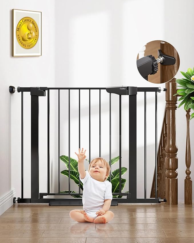 Cumbor 29.7-40.6" Baby Gate for Stairs, Baby Essential Safety Gate, Mom's Choice Awards Winner-Dog Gate for Doorways, Pressure Mounted Auto-Close Pet Gates for Dogs Indoor, Durable Child Gate, Black-PawvioPets