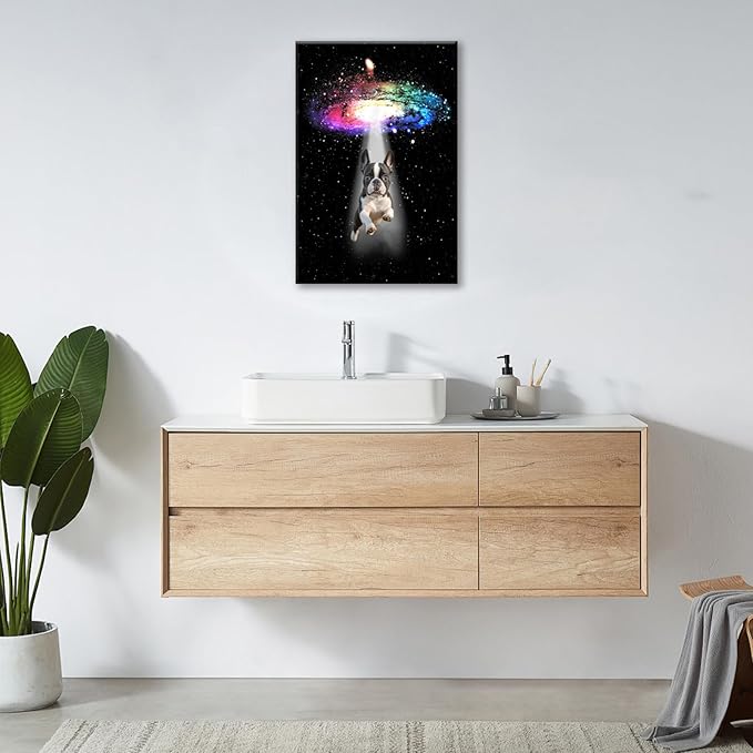 Funny Dog Wall Art Canvas Boston Terrier Wall Decor Prints Framed Painting Bulldog Galaxy Pictures Gifts Artwork for Bathroom 16"x24"-PawvioPets
