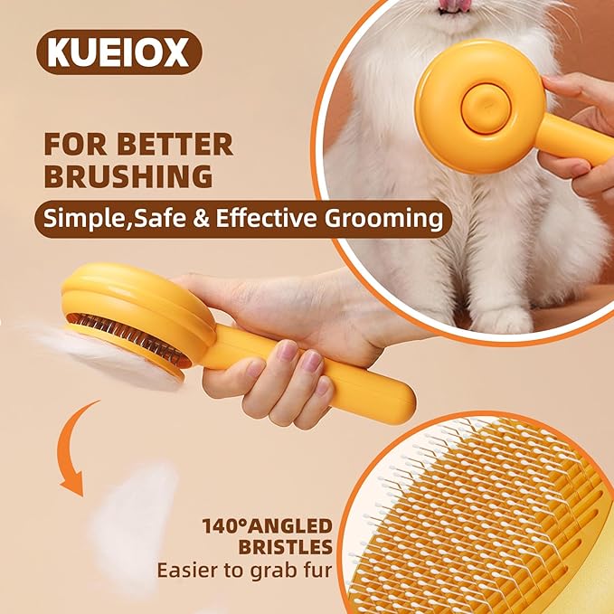 Dog Grooming Brush Set, 7 PCS Self-Cleaning Deshedding Hair Brushes for Short Long Haired Dogs Cats, Includes Scrubber Shower Wash Brush, Dematting Comb, Scissor - Yellow-PawvioPets