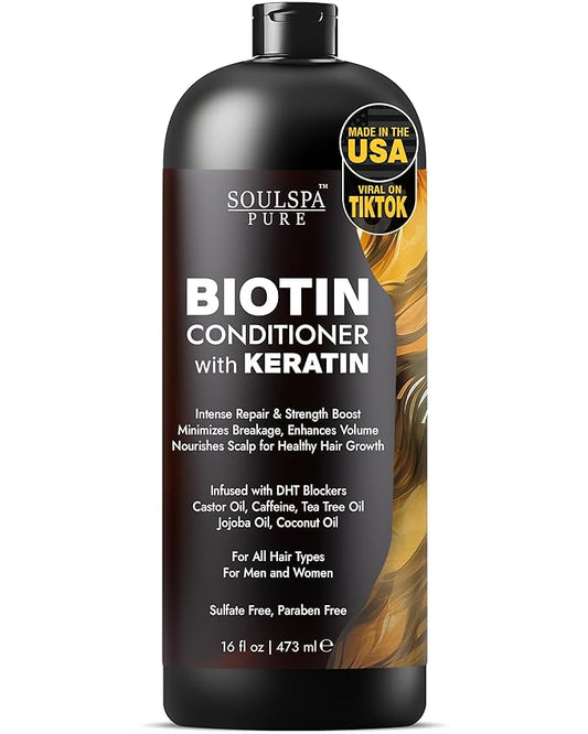 Biotin Conditioner with Keratin - Intense Repair & Strength Boost Formula - Nourishes Scalp for Healthy Hair Growth, with Tea Tree Oil & DHT Blockers, for Men & Women, 16 fl oz - SOULSPA PURE-PawvioPets