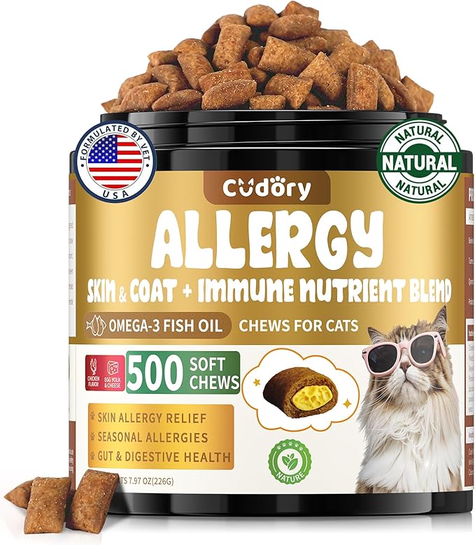 Cat Allergy Relief for Cats, Crunchy & Creamy Chews for Immune & Skin Coat Support – Seasonal Allergies, Itching Relief, Omega 3 & Probiotic Natural Supplement for Cats, Chicken Flavor – 500 Chews-PawvioPets