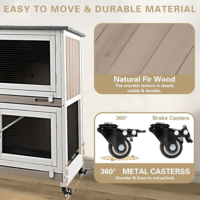 36" L Rabbit Hutch Indoor with 4 Metal Wheels, 2-Story Wooden Bunny Hutch Outdoor Bunny Cage, 2 Deeper Pull-Out Trays, Ramp, Rabbit Cage Guinea Pig Pet House for Small Animals-PawvioPets
