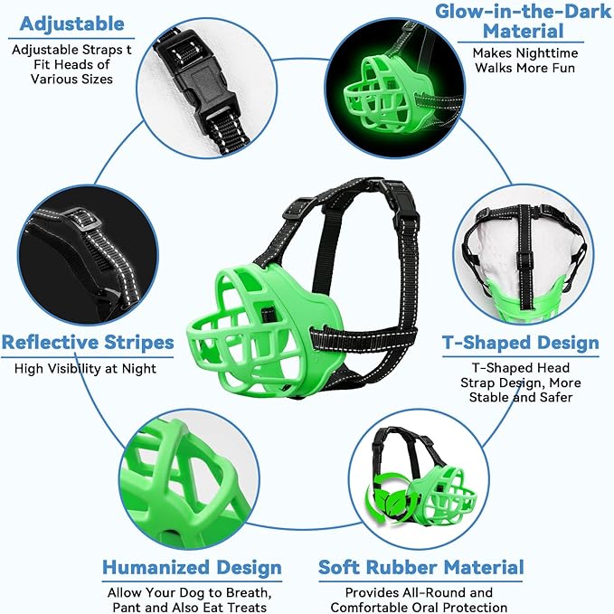 Dog Muzzle for Large Dogs, Breathable Basket Muzzles for Small, Medium and X-Large Aggressive Dog, Allows Panting Drinking, Suitable for Grooming Trimming Training (3, Luminous Green)-PawvioPets