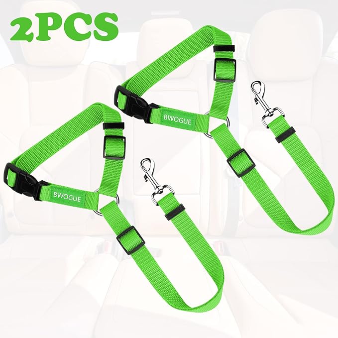 BWOGUE 2 Packs Dog Cat Safety Seat Belt Strap Car Headrest Restraint Adjustable Nylon Fabric Dog Restraints Vehicle Seatbelts Harness Green-PawvioPets
