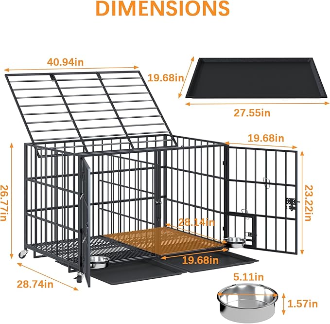 aboxoo 42/48 inch Heavy Duty Metal Dog Crate for 2 Dogs/Large Dog,All Metal Open Top Stackable,Dog Kennel Indoor with Wheels,Floor Grid, Tray, Divider and Feeding Bowl-PawvioPets