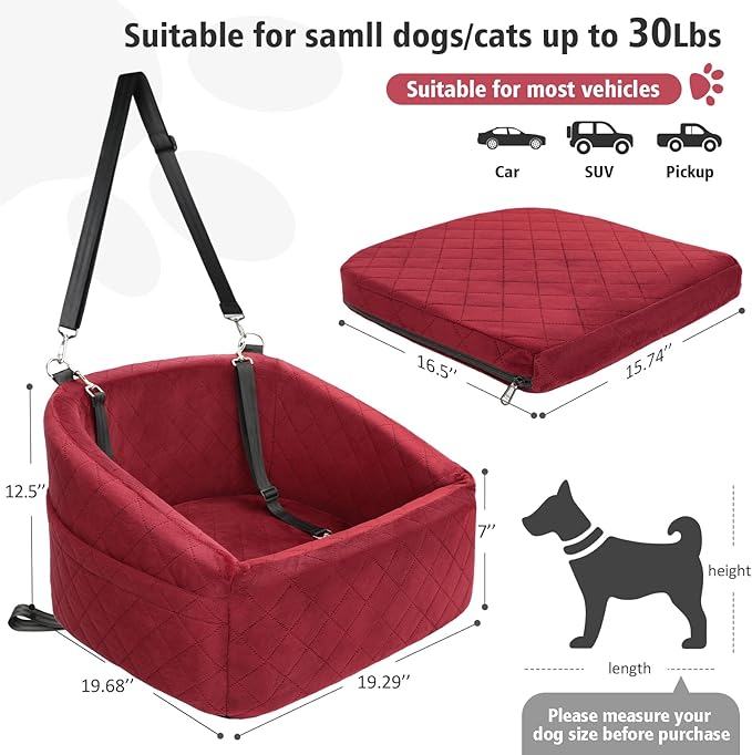 Dog Car Seat for Small Medium Dogs,Detachable Washable Dog Booster Seat Under 30lbs, Pet Car Seats Travel Bed with Storage Pockets and Safety Belt(Red)-PawvioPets