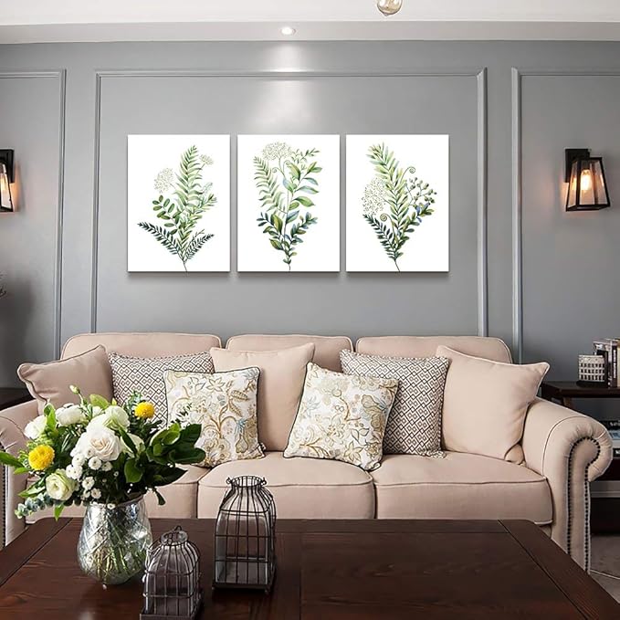 3 Pieces Framed Wall Art for Living Room Bathroom Wall Decorations Kitchen Wall decor Canvas Print decor modern Simple Bedroom Home Decoration Green leaves Poster wall paintings-PawvioPets