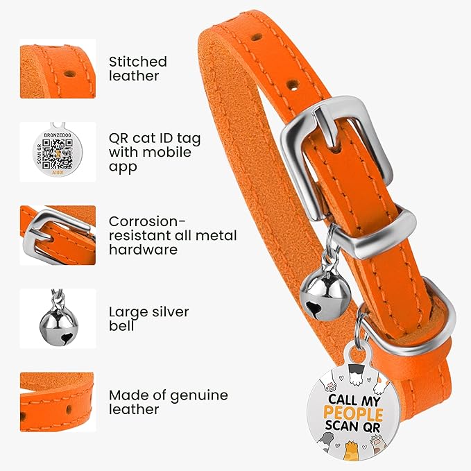 BRONZEDOG Leather Cat Collar with Removable Bells Non Breakaway Kitten QR Tag for Girl Boy (7" - 9" for Cats, Orange & Silver)-PawvioPets