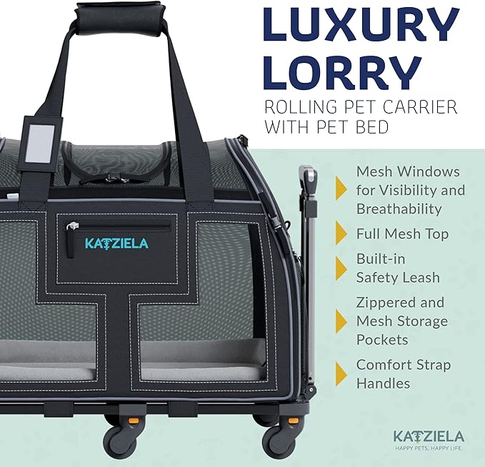 Airline Compliant Pet Carrier - Rolling Portable Travel Carry Crate for Small Dog, Puppy or Cat - Soft Removable Wheeled Design with Mesh Window Sides - Airplane and TSA Compliant- by Katziela-PawvioPets