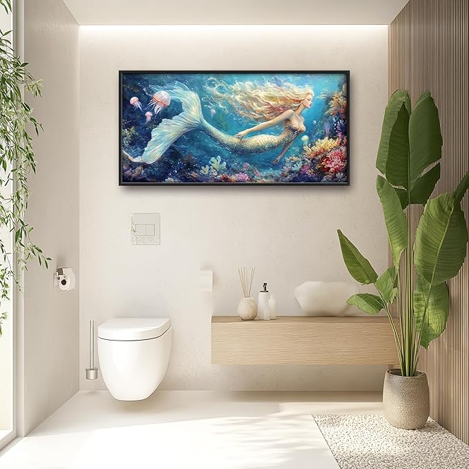 Extra Large Framed Mermaid Wall Art,Oversized Undersea Ocean Wall Decor,Colorful Coral Reefs Pictures for Living Room,Elegant Canvas Print Painting Modern Artwork Bedroom Bathroom 60L x 30W-PawvioPets