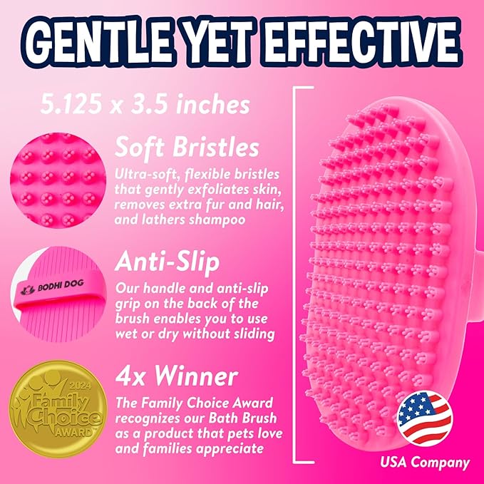 Bodhi Dog Shampoo Brush - Pet Grooming & Bath Supplies for Cats and Dog Bath Brush for Long & Short Hair - Premium Scrubber for Shower, Bathing & Massage - (One Pack, Pink)-PawvioPets