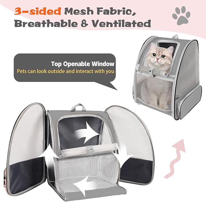Cat Backpack Carrier,Pet Carrier Airline Approved for Small Dog Cat Puppy Kitten Bunny,Ventilated Mesh Design Animal Backpack for Hiking Camping Travel Bag (Light Grey)-PawvioPets