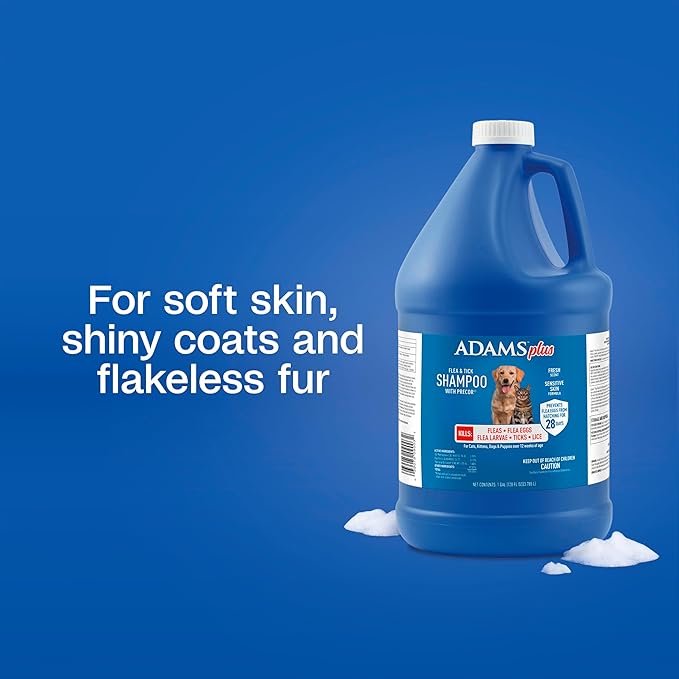 ADAMS Plus Flea & Tick Shampoo with Precor IGR for Cats, Kittens, Dogs & Puppies Over 12 Weeks Of Age, Sensitive Skin Flea Treatment, Kills Adult Fleas, Flea Eggs, Ticks, and Lice, 1 Gallon-PawvioPets
