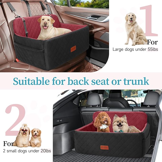 Dog Car Seat for Medium/Large Dogs, Pet Booster Seat for Under 55 lbs or 2 Small Dogs, Detachable & Washable Dog Car Bed for Backseat with 2 Safety Leashes (Blcak/red)-PawvioPets