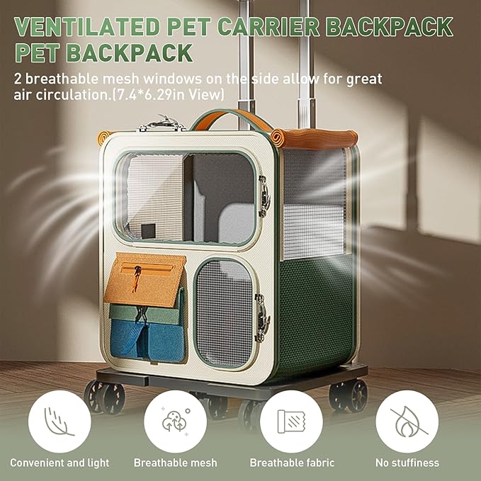 Cat Carrier with Wheels, Soft Rolling Pets Carrier Collapsible on Wheel Pet Handbag Cats Backpack, Dog Carriers up to 25 LBs Removable Cat Bag for Small Dogs Medium Cats Outing(NOT for TSA)-PawvioPets