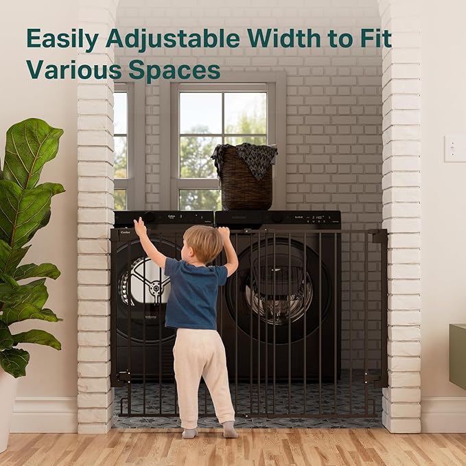 Cumbor 34" Extra Tall No Bottom Bar Baby Gate for Stairs, Auto Close Dog Gate Indoor for Larger Pets, 31.6-48" Hardware Mounted Safety Gate for Doorways, Wide Walk Thru Door for Easy Access (Black)-PawvioPets