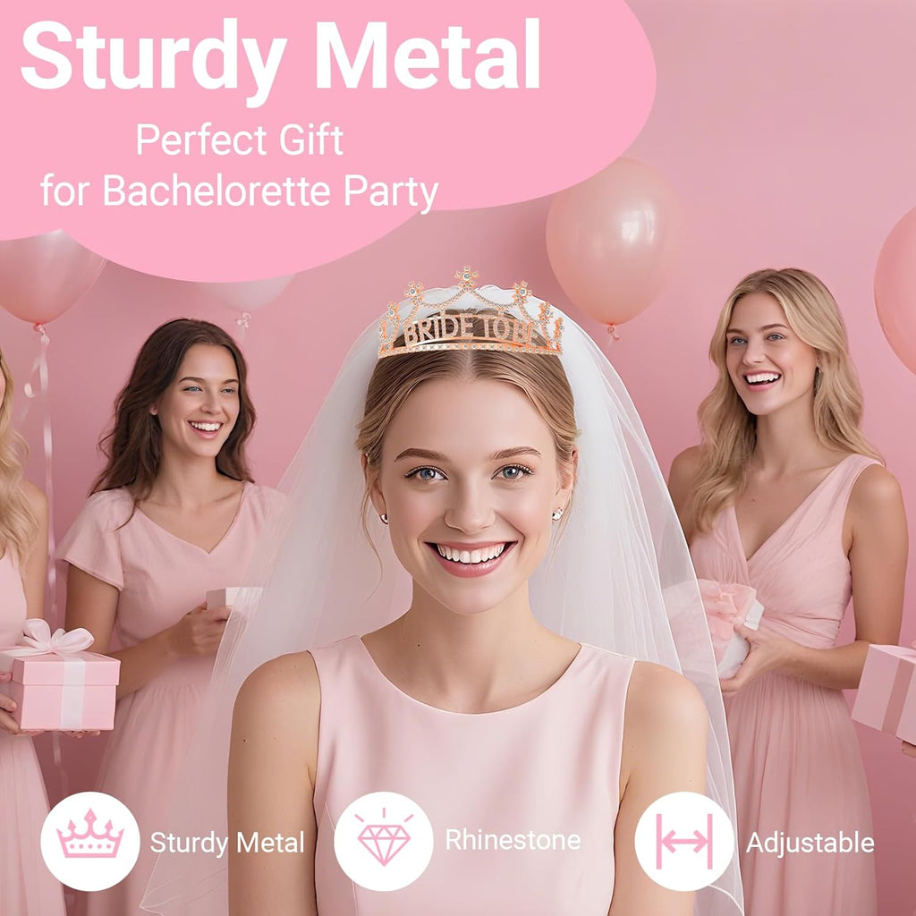 3Pcs Bride to Be Crown with Sash and Veil for Bachelorette Party Decorations，Bridal Shower Accessories for Gift, Favors